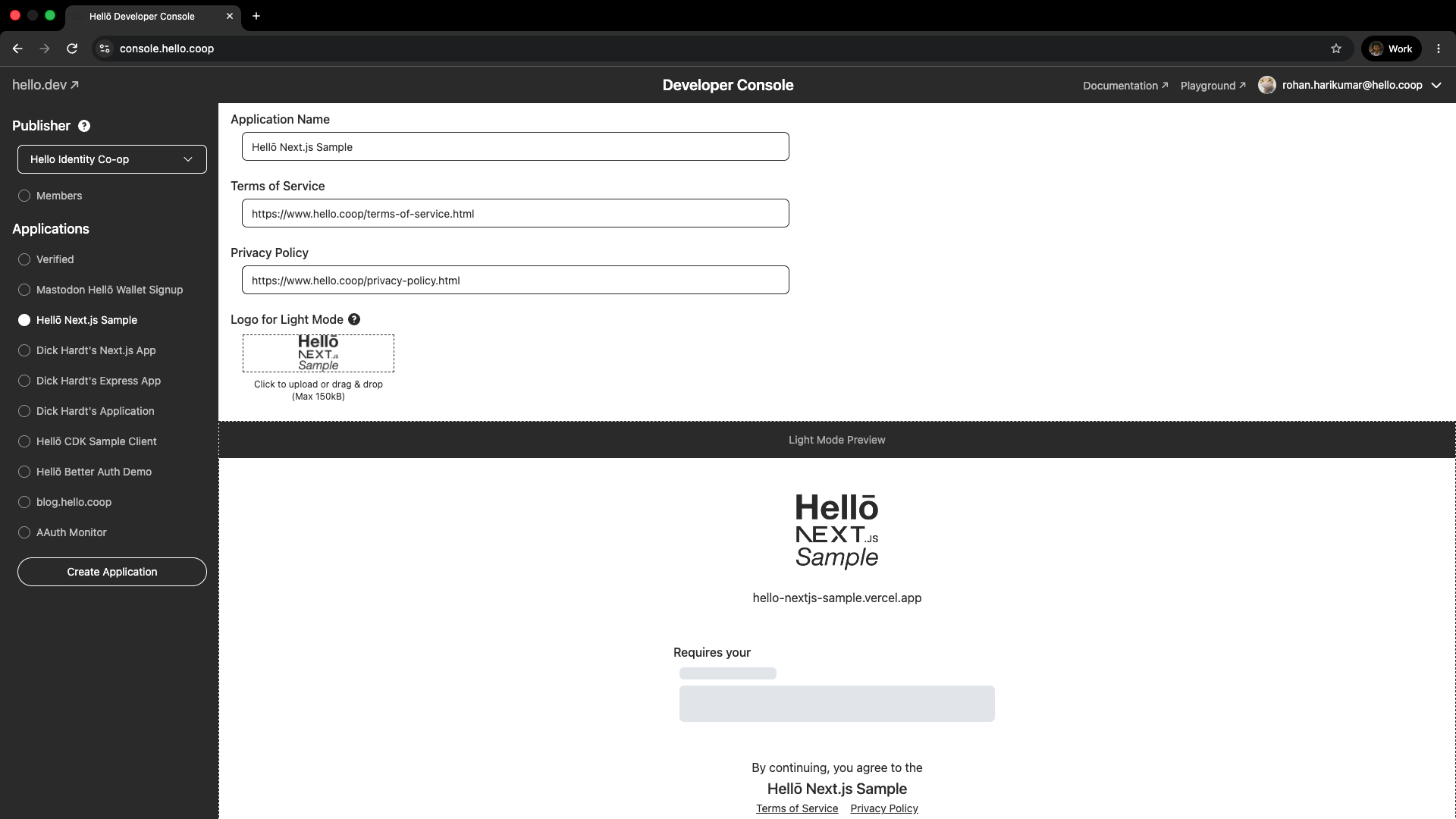 developer console dashboard page