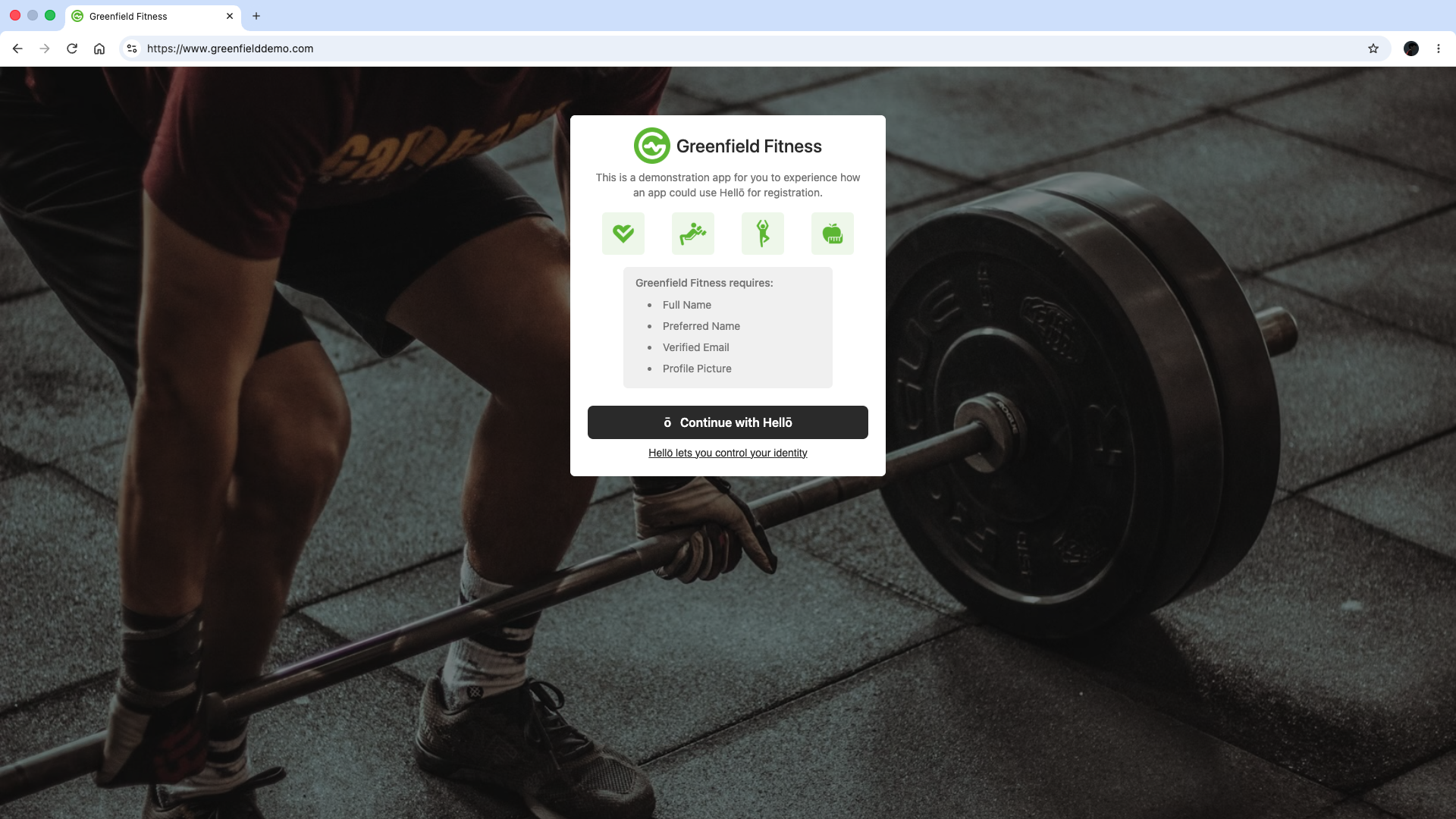 greenfielddemo demo app login page