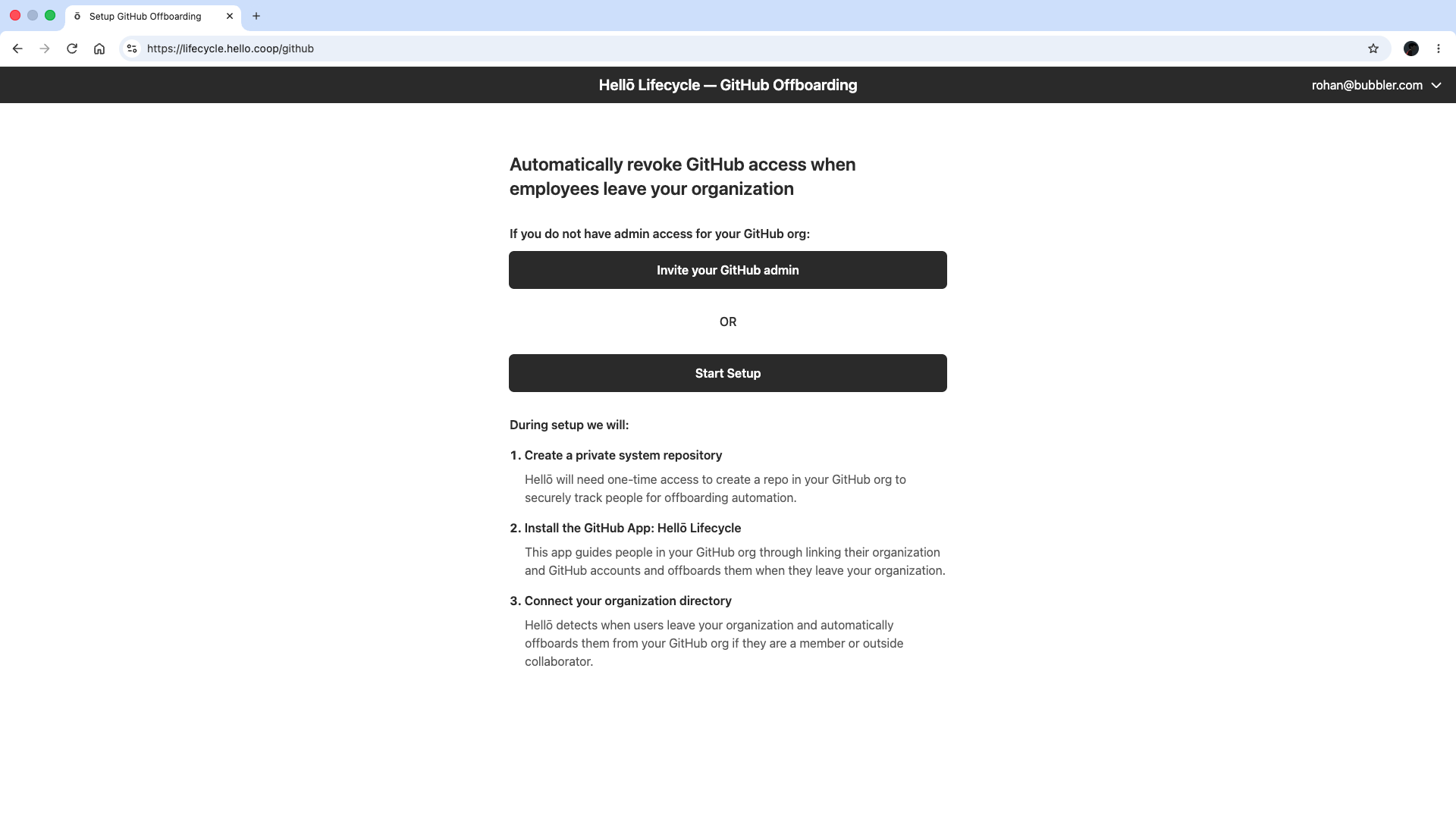 github offboarding setup page