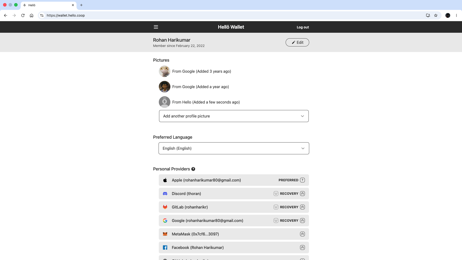 wallet profile page